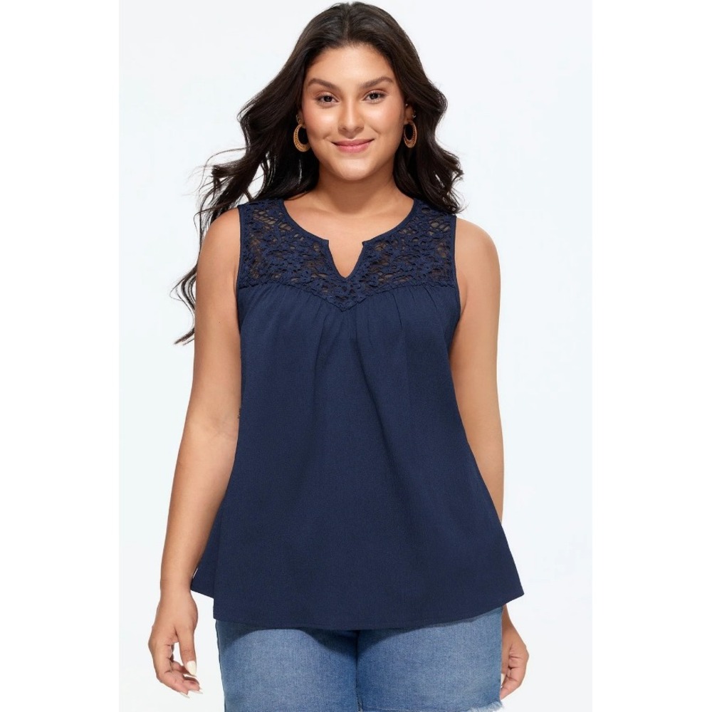 BloomChic Navy Blue Cut-Out Lace Neckline Pleated Tank Top 14-16 1X NEW